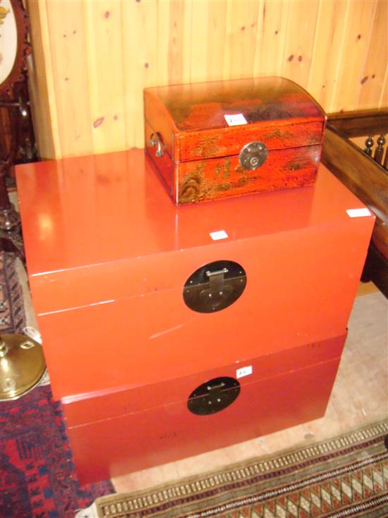 2 red lacquer boxes & another